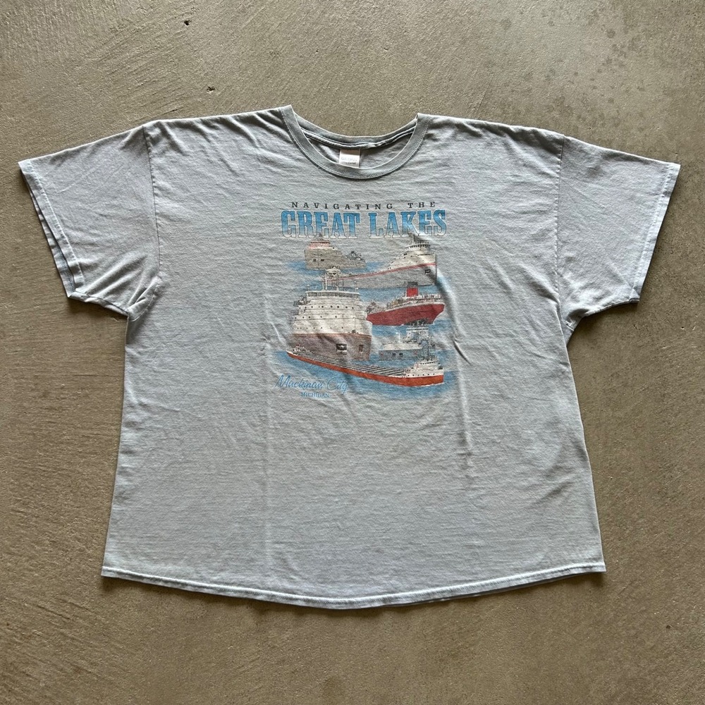 Vintage Navigating The Great Lakes Shirt Size 3XL Blue Mackinaw City Michigan